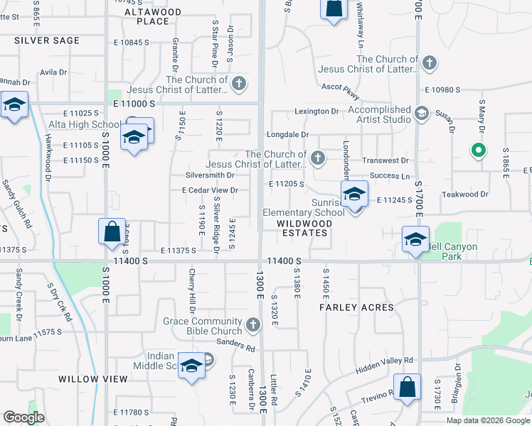 map of restaurants, bars, coffee shops, grocery stores, and more near 1320 Woodhill Circle in Sandy