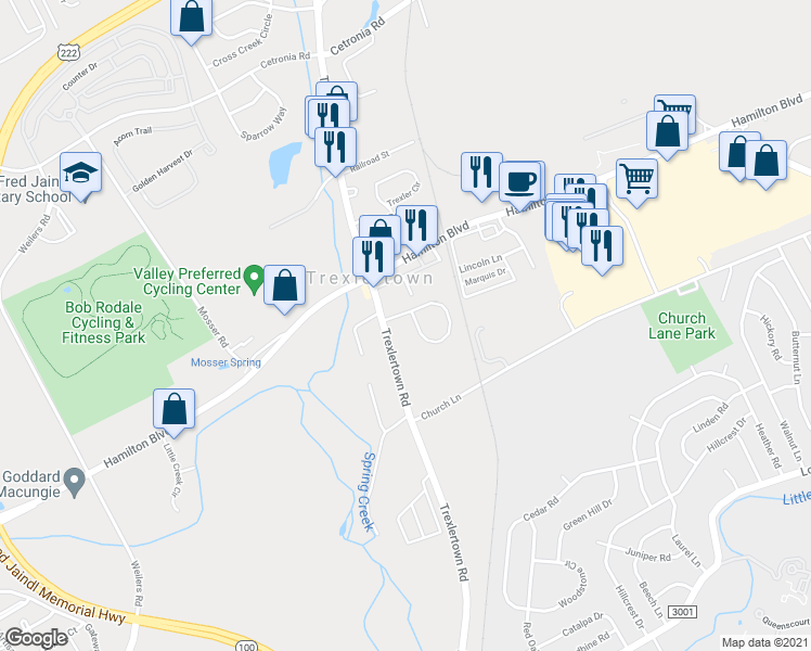 map of restaurants, bars, coffee shops, grocery stores, and more near 7608 Brandywine Circle in Trexlertown