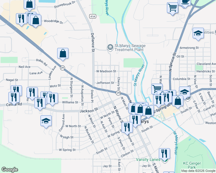 map of restaurants, bars, coffee shops, grocery stores, and more near 115 Hickory Street in Saint Marys