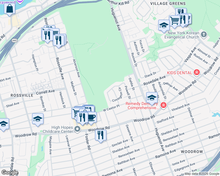 map of restaurants, bars, coffee shops, grocery stores, and more near 38 Covington Circle in Staten Island