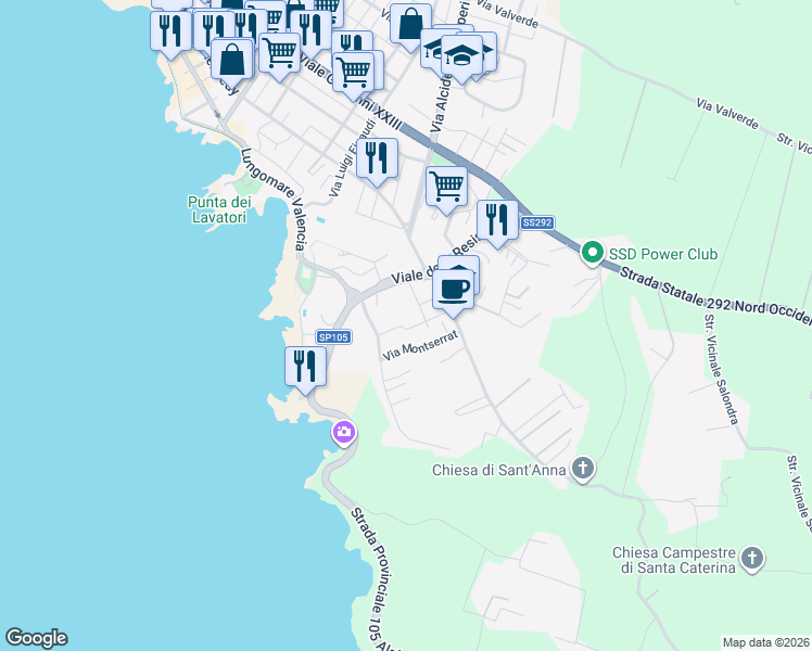 map of restaurants, bars, coffee shops, grocery stores, and more near 19 Via Villa Franca de Penedès in Alghero