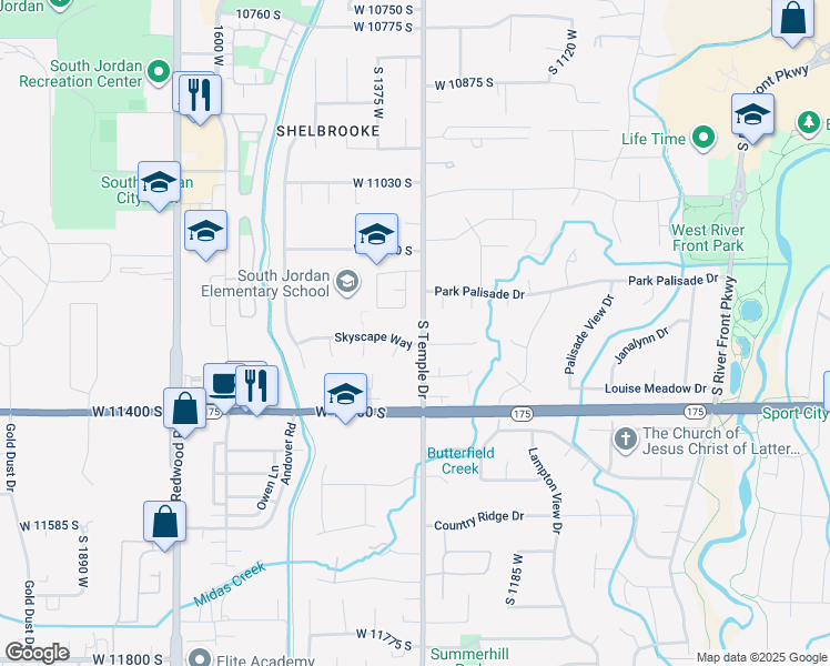 map of restaurants, bars, coffee shops, grocery stores, and more near 1332 Skyscape Way in South Jordan