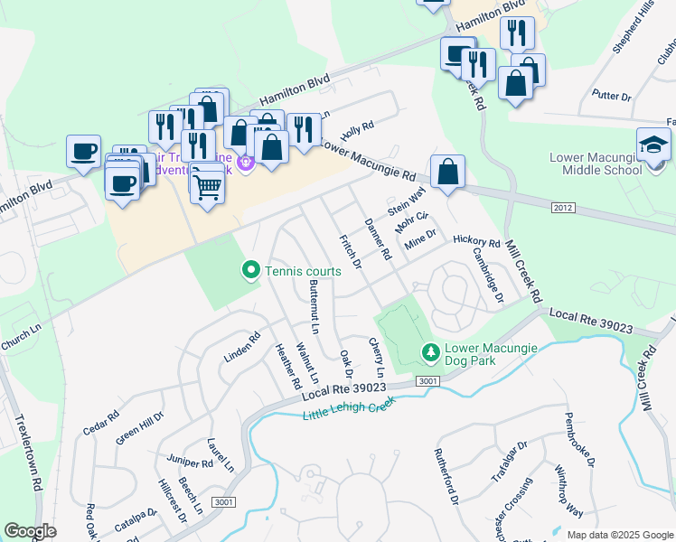 map of restaurants, bars, coffee shops, grocery stores, and more near 1359 Oak Drive in Macungie