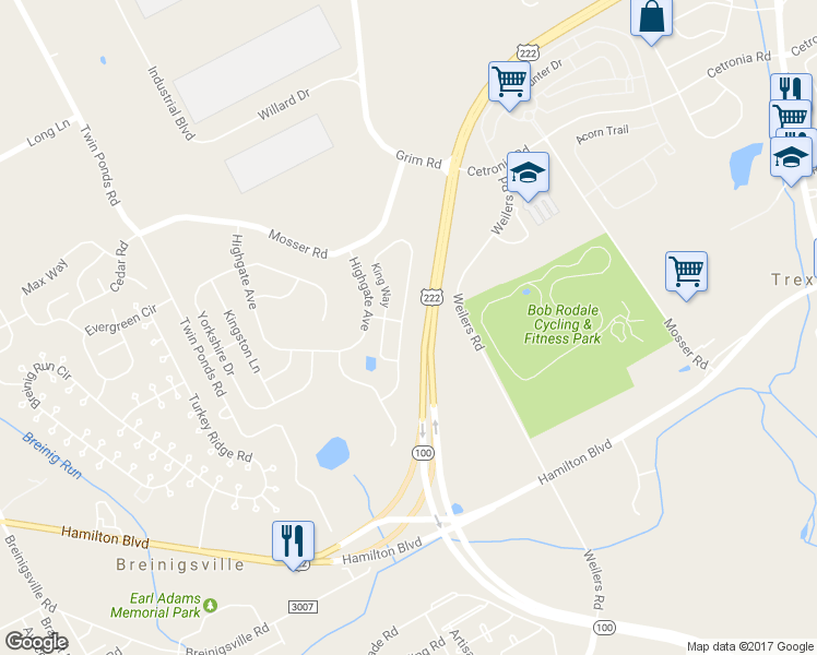 map of restaurants, bars, coffee shops, grocery stores, and more near 1069 King Way in Breinigsville