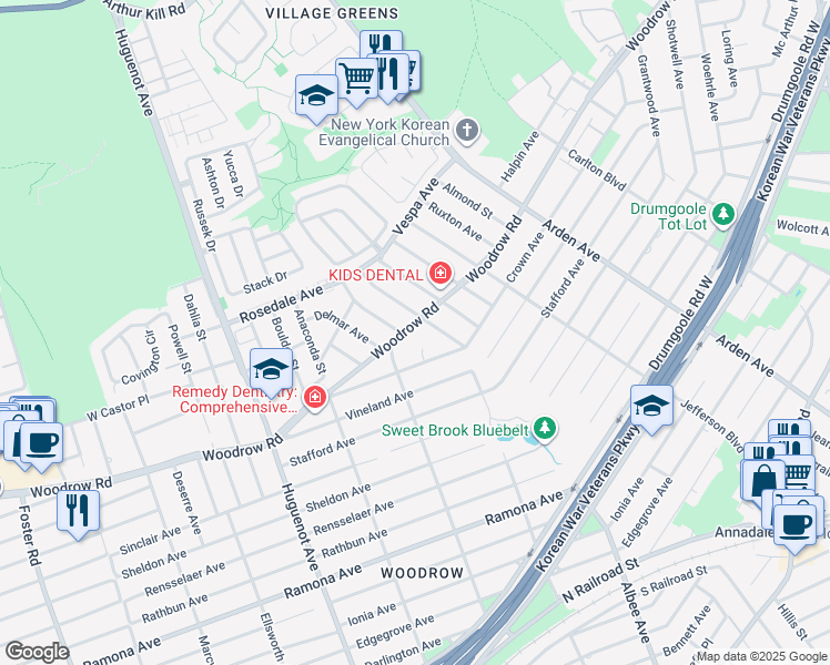 map of restaurants, bars, coffee shops, grocery stores, and more near 798 Woodrow Road in Staten Island