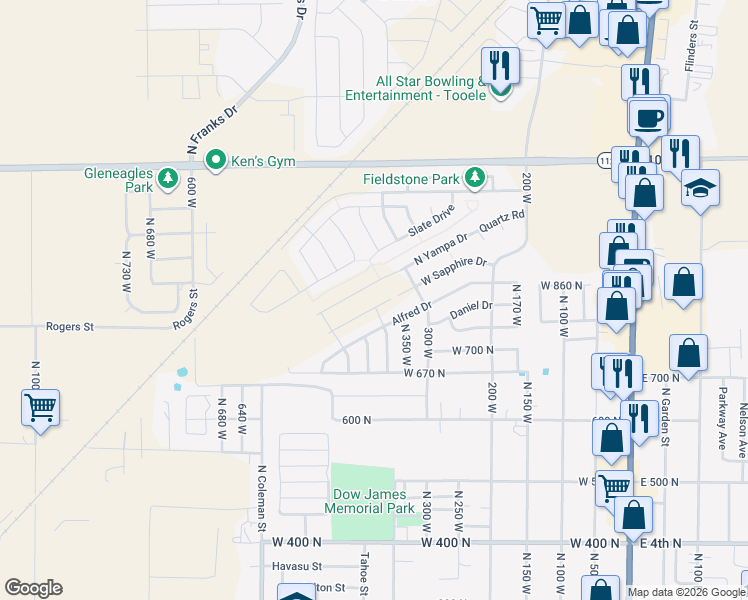 map of restaurants, bars, coffee shops, grocery stores, and more near 376 Alfred Drive in Tooele