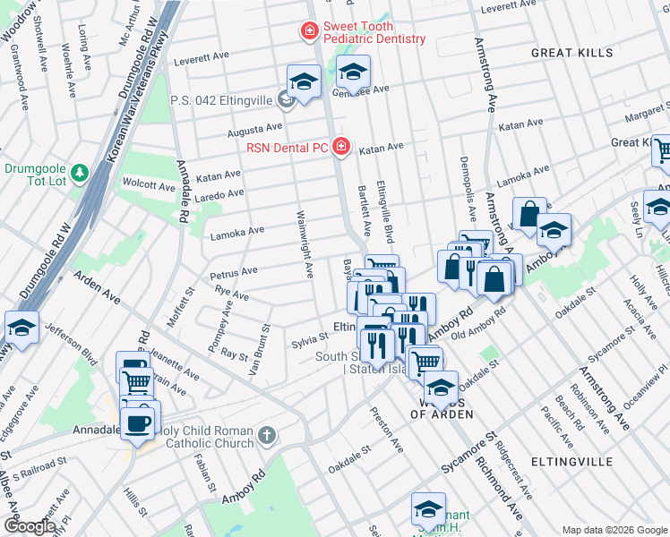 map of restaurants, bars, coffee shops, grocery stores, and more near 13 Chesebrough Street in Staten Island