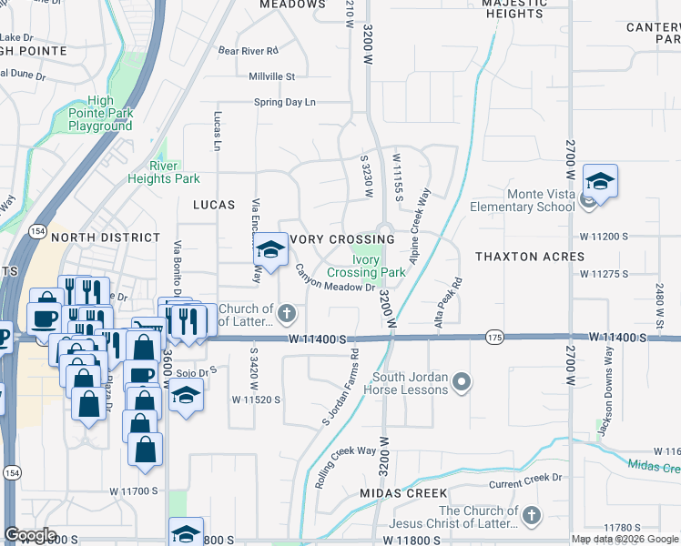 map of restaurants, bars, coffee shops, grocery stores, and more near 3285 Black Hawk Drive in South Jordan