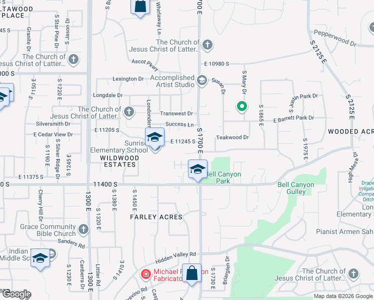 map of restaurants, bars, coffee shops, grocery stores, and more near 1677 Crescent View Drive in Sandy