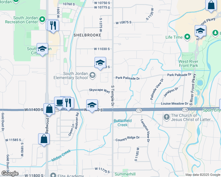 map of restaurants, bars, coffee shops, grocery stores, and more near 1332 Skyscape Way in South Jordan