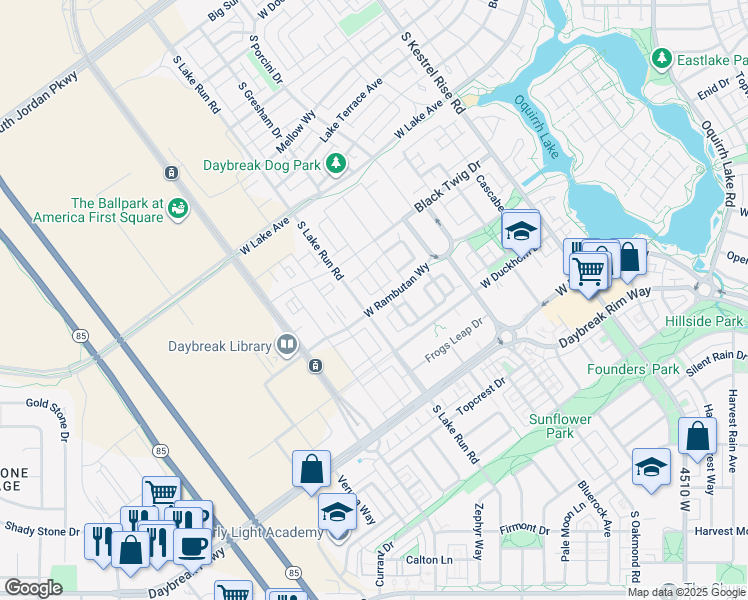 map of restaurants, bars, coffee shops, grocery stores, and more near 11267 Lake Run Road in South Jordan