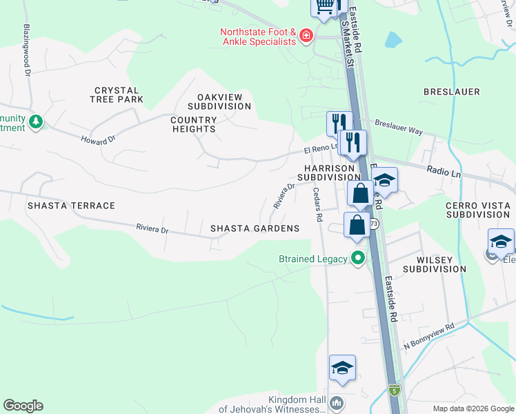 map of restaurants, bars, coffee shops, grocery stores, and more near 4660 Memory Ln in Redding
