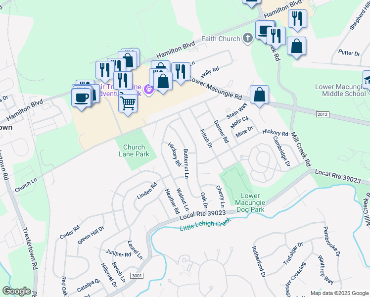 map of restaurants, bars, coffee shops, grocery stores, and more near 1334 Butternut Lane in Macungie