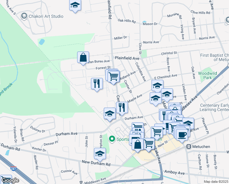 map of restaurants, bars, coffee shops, grocery stores, and more near 279 County Road 669 in Metuchen