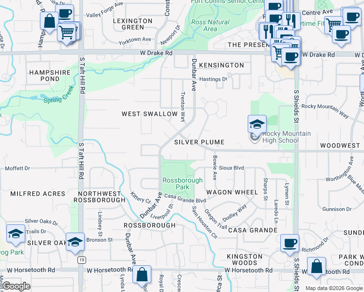 map of restaurants, bars, coffee shops, grocery stores, and more near 1601 West Swallow Road in Fort Collins