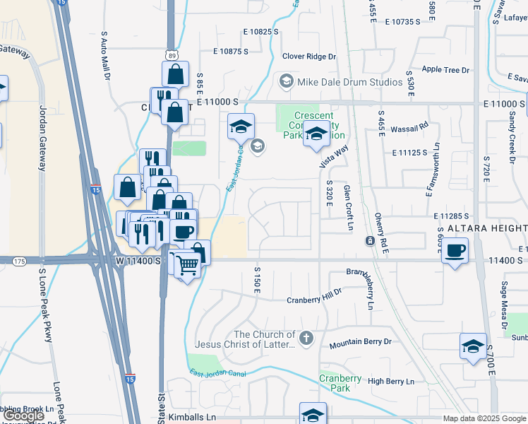 map of restaurants, bars, coffee shops, grocery stores, and more near 194 Crescent Park Way in Sandy