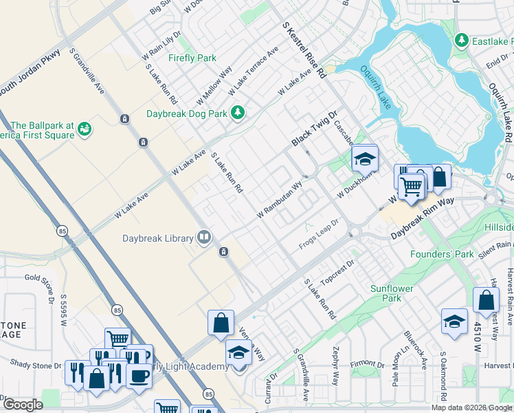 map of restaurants, bars, coffee shops, grocery stores, and more near 11271 South Lake Run Road in South Jordan
