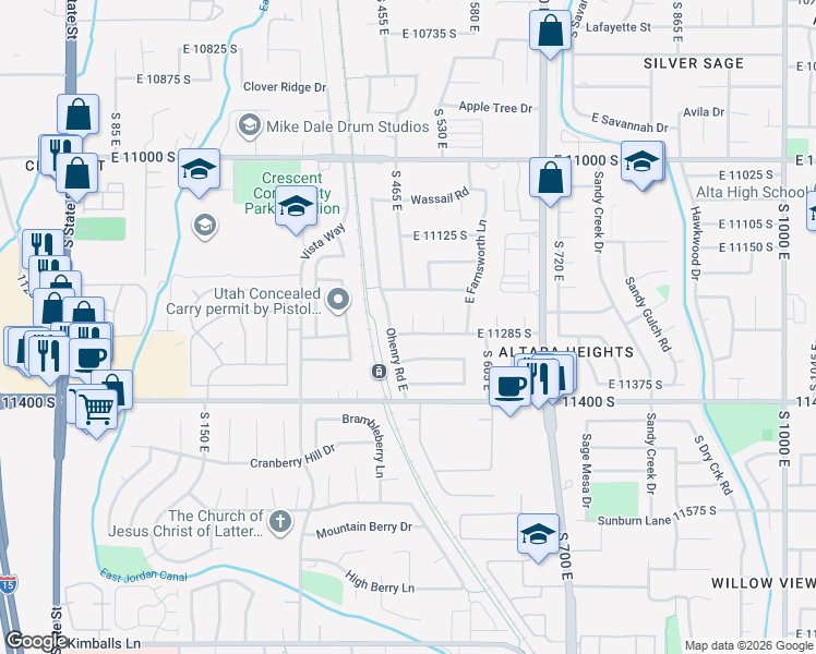 map of restaurants, bars, coffee shops, grocery stores, and more near 11272 Meadow Hill Circle in Sandy