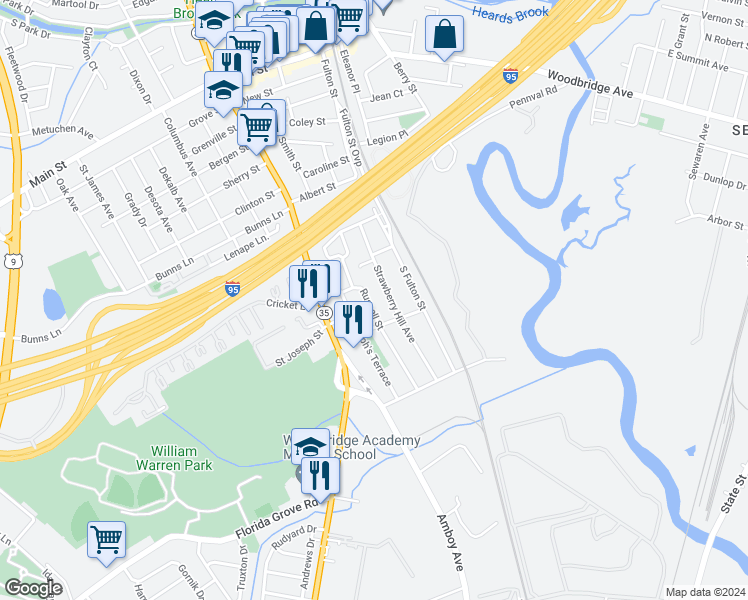 map of restaurants, bars, coffee shops, grocery stores, and more near 146 Russell Street in Woodbridge Township