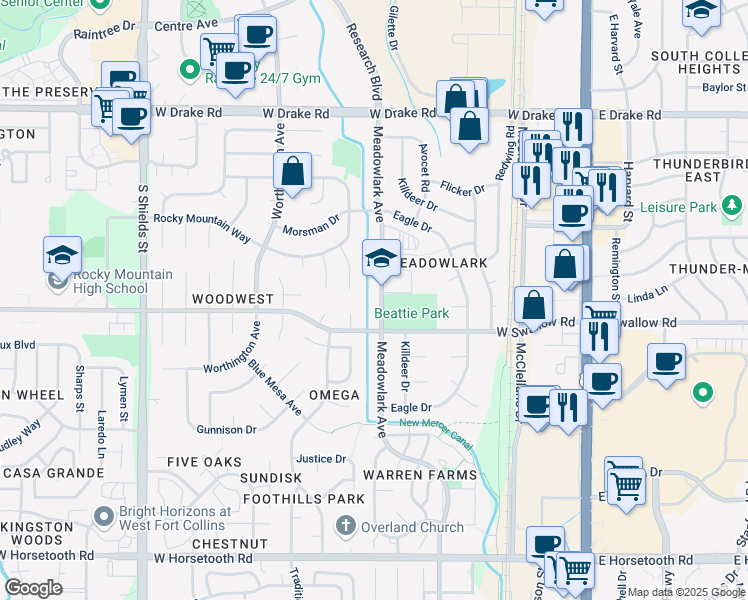 map of restaurants, bars, coffee shops, grocery stores, and more near 3005 Meadowlark Avenue in Fort Collins