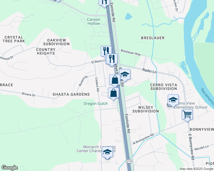 map of restaurants, bars, coffee shops, grocery stores, and more near 4707 Harrison Avenue in Redding