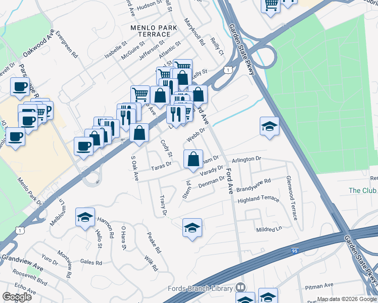 map of restaurants, bars, coffee shops, grocery stores, and more near 61 Webb Drive in Woodbridge Township