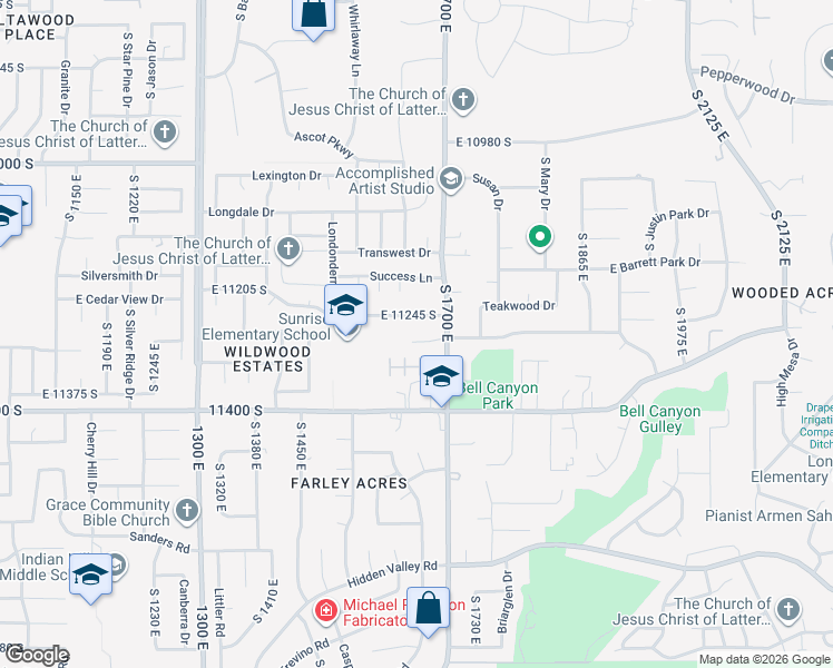 map of restaurants, bars, coffee shops, grocery stores, and more near 1677 Crescent View Drive in Sandy