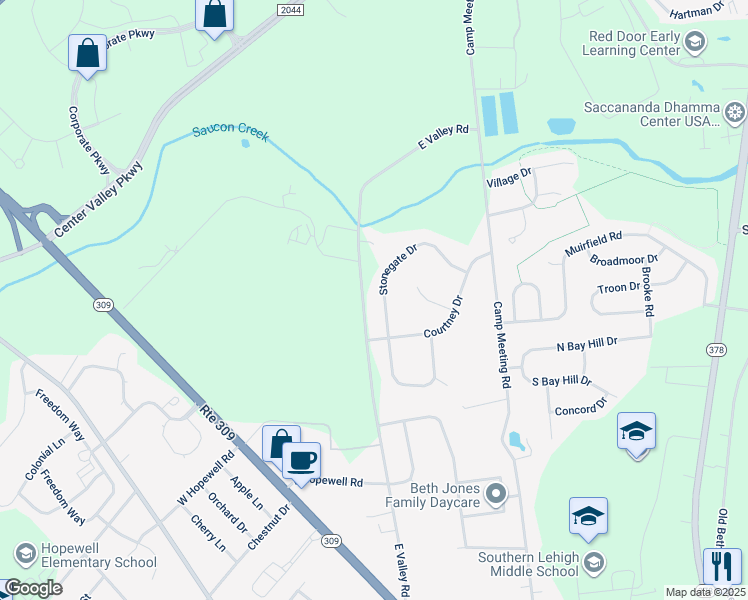 map of restaurants, bars, coffee shops, grocery stores, and more near 3551 Stonegate Drive in Lehigh County