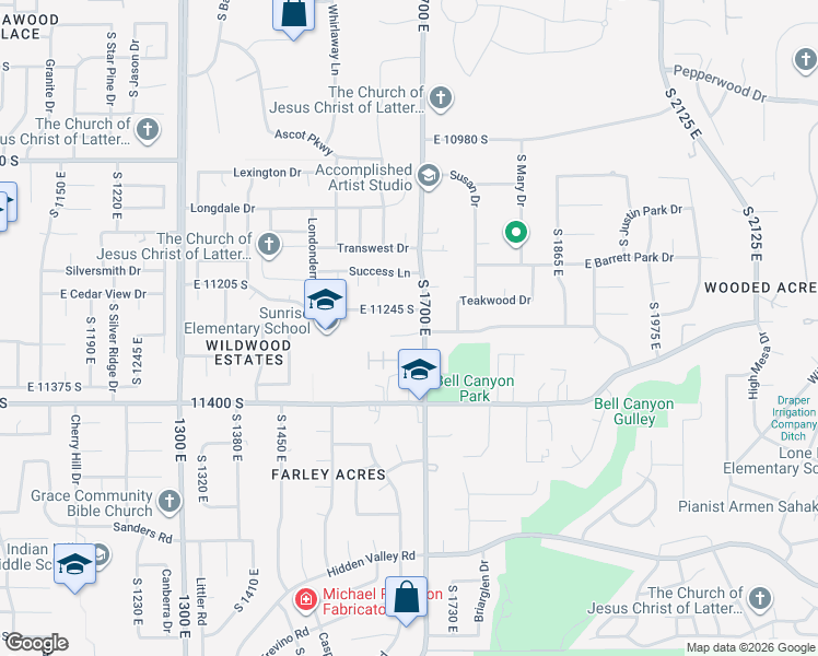 map of restaurants, bars, coffee shops, grocery stores, and more near 1677 Crescent View Drive in Sandy