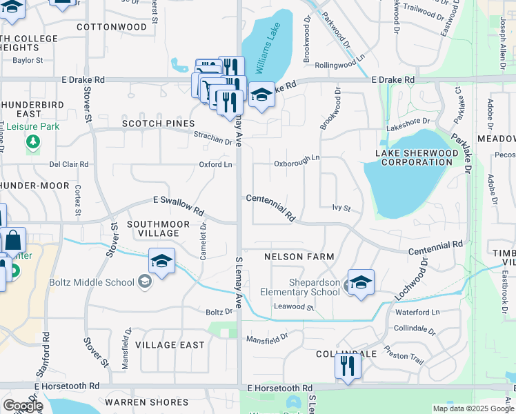 map of restaurants, bars, coffee shops, grocery stores, and more near 3006 Eastborough Drive in Fort Collins