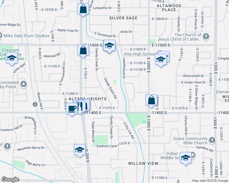 map of restaurants, bars, coffee shops, grocery stores, and more near 11275 Sandy Gulch Road in Sandy