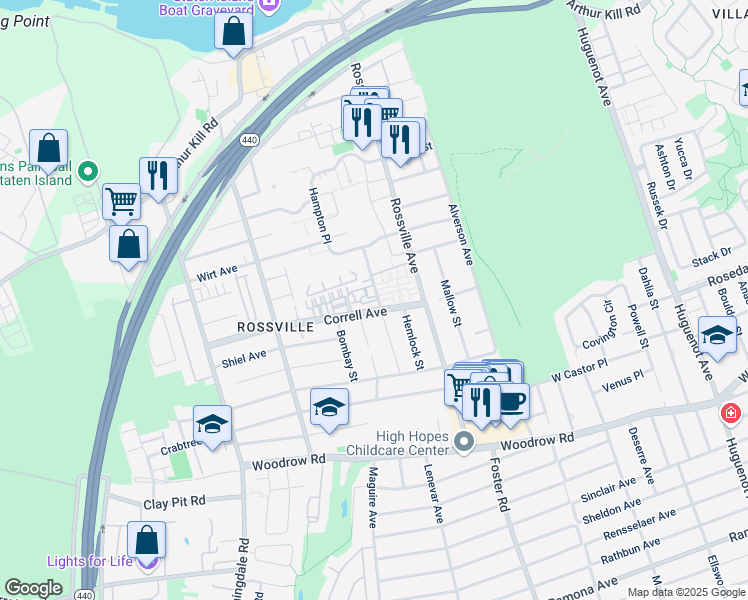 map of restaurants, bars, coffee shops, grocery stores, and more near 150 Gervil Street in Staten Island