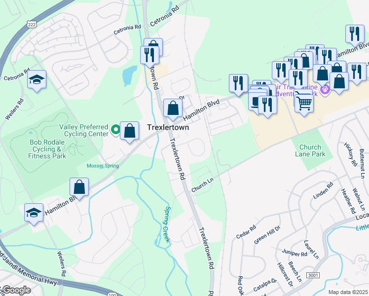 map of restaurants, bars, coffee shops, grocery stores, and more near 7608 Brandywine Circle in Trexlertown
