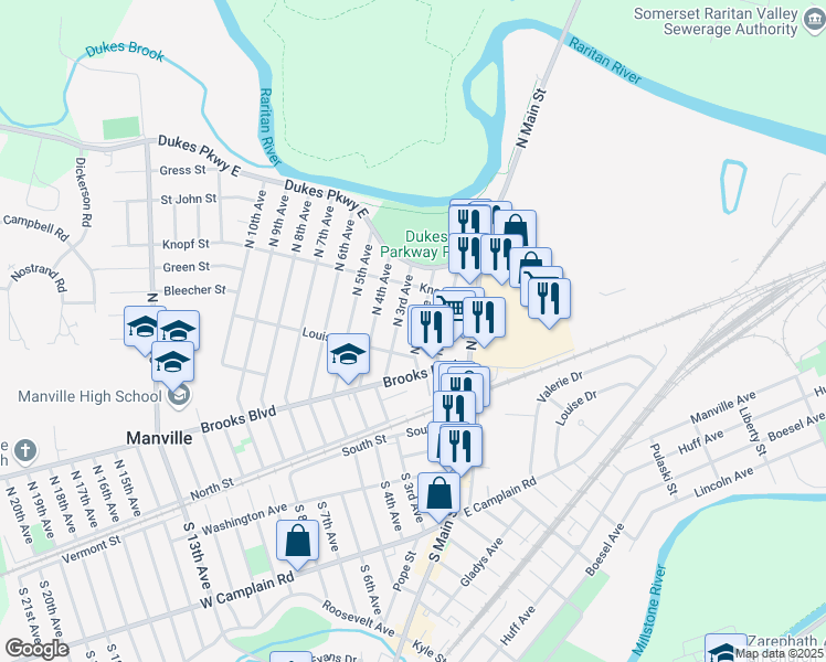 map of restaurants, bars, coffee shops, grocery stores, and more near 225 North 2nd Avenue in Manville