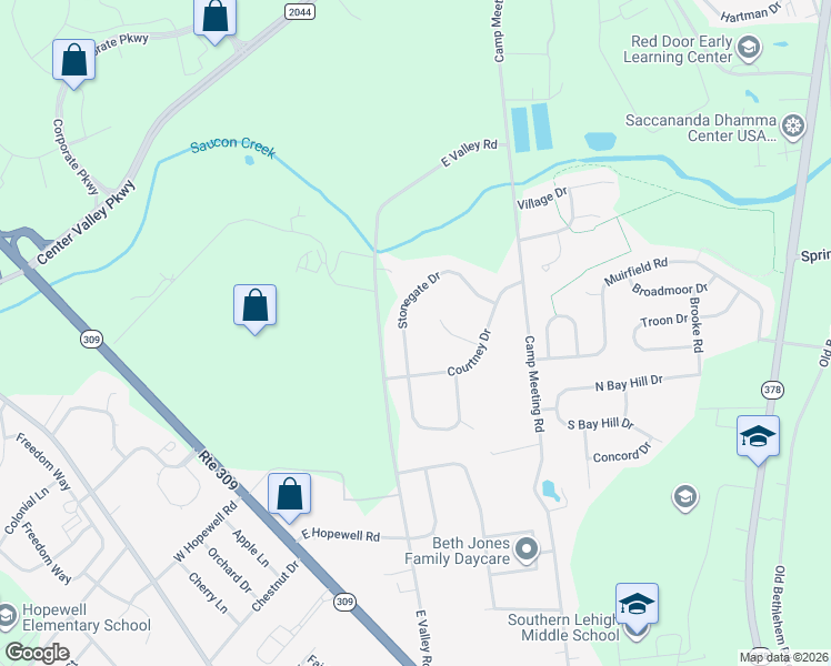 map of restaurants, bars, coffee shops, grocery stores, and more near 3542 Stonegate Dr in Center Valley