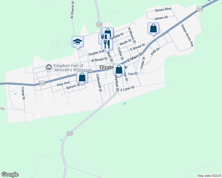 map of restaurants, bars, coffee shops, grocery stores, and more near 77 Mayfield St in Elizabethville