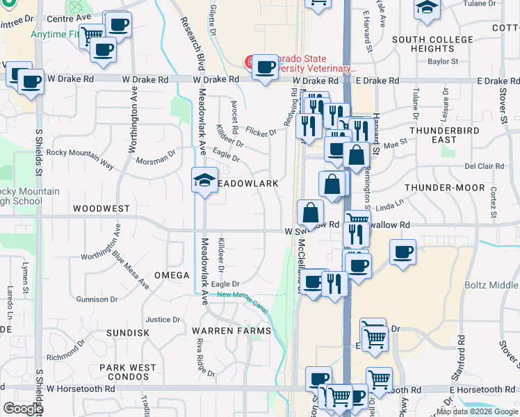 map of restaurants, bars, coffee shops, grocery stores, and more near 3001 Eagle Drive in Fort Collins
