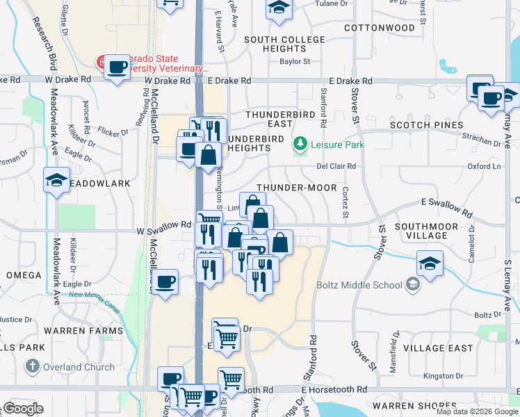 map of restaurants, bars, coffee shops, grocery stores, and more near 3005 Phoenix Drive in Fort Collins