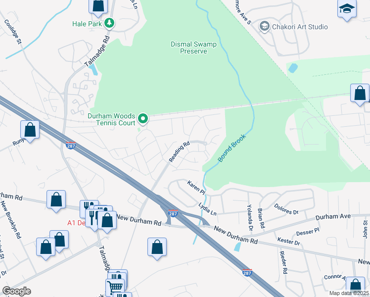map of restaurants, bars, coffee shops, grocery stores, and more near 32 Reading Road in Edison