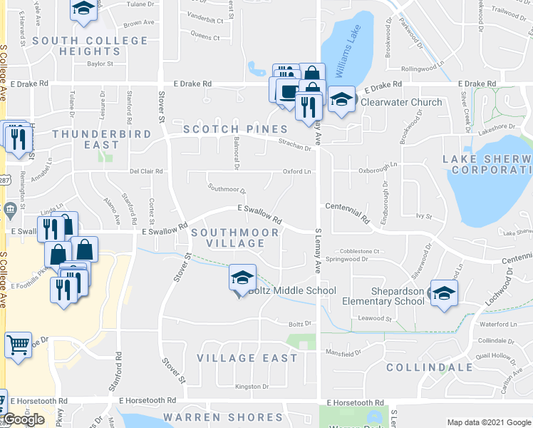 map of restaurants, bars, coffee shops, grocery stores, and more near 927 E Swallow Rd in Fort Collins