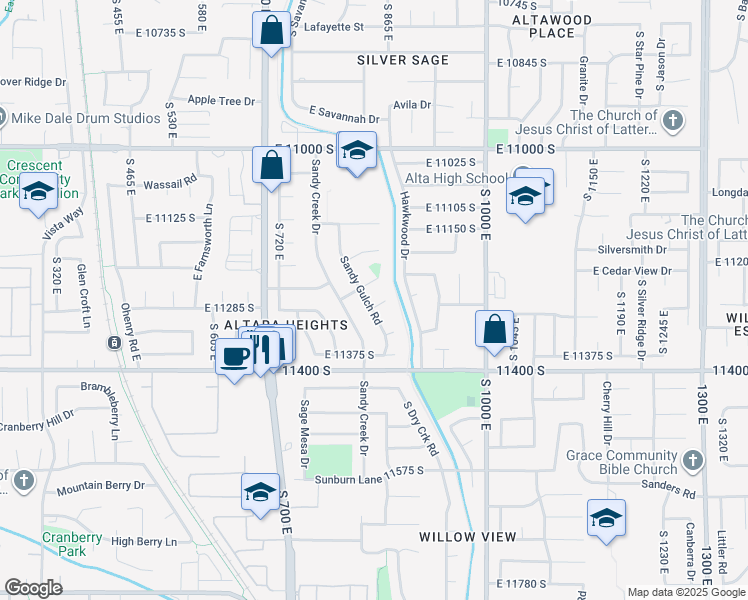 map of restaurants, bars, coffee shops, grocery stores, and more near 11275 Sandy Gulch Road in Sandy