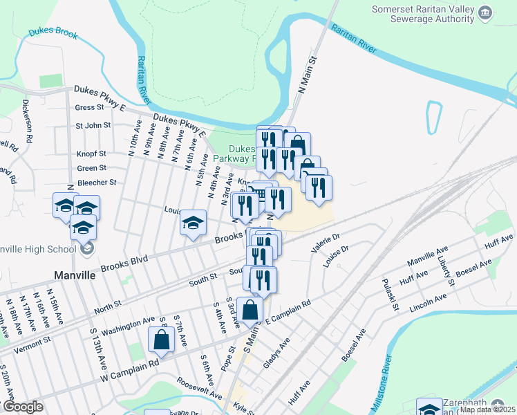 map of restaurants, bars, coffee shops, grocery stores, and more near 238 North 1st Avenue in Manville