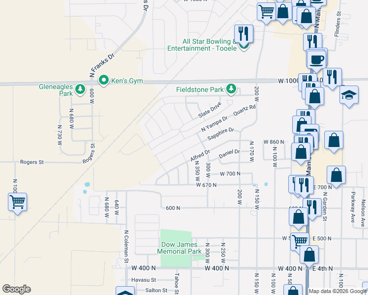 map of restaurants, bars, coffee shops, grocery stores, and more near 392 West Sapphire Drive in Tooele