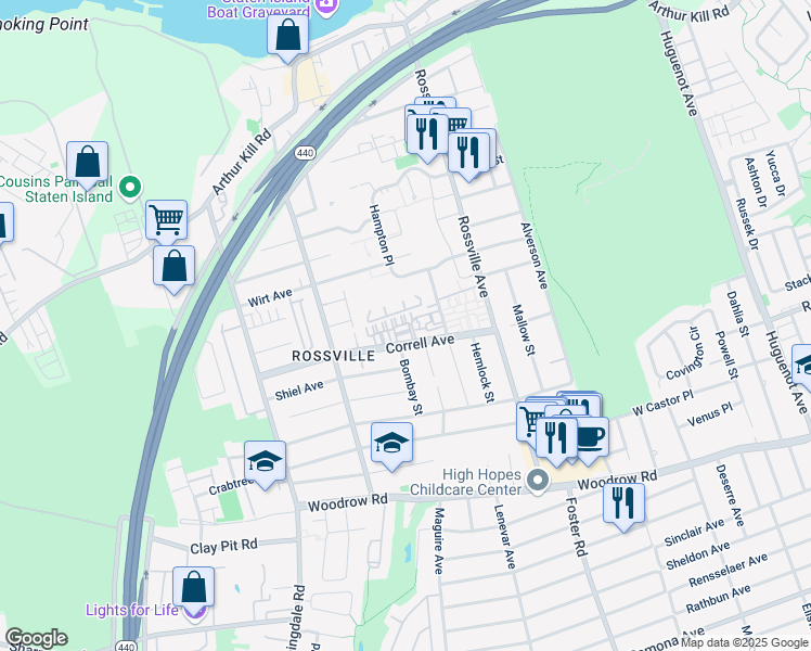 map of restaurants, bars, coffee shops, grocery stores, and more near 150 Gervil Street in Staten Island