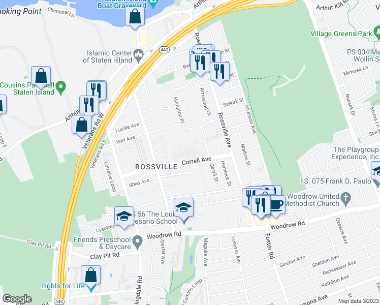 map of restaurants, bars, coffee shops, grocery stores, and more near 629 Correll Avenue in Staten Island