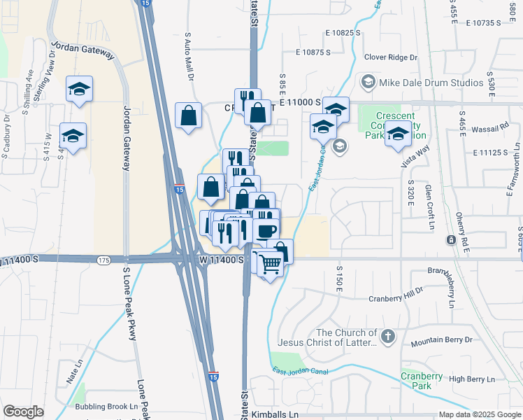 map of restaurants, bars, coffee shops, grocery stores, and more near 11251 South State Street in Sandy