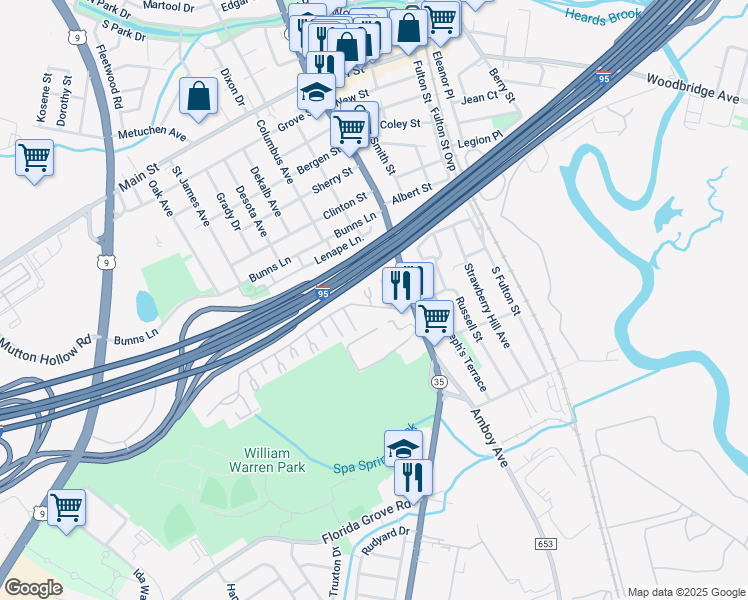 map of restaurants, bars, coffee shops, grocery stores, and more near 1209 Cricket Lane in Woodbridge Township
