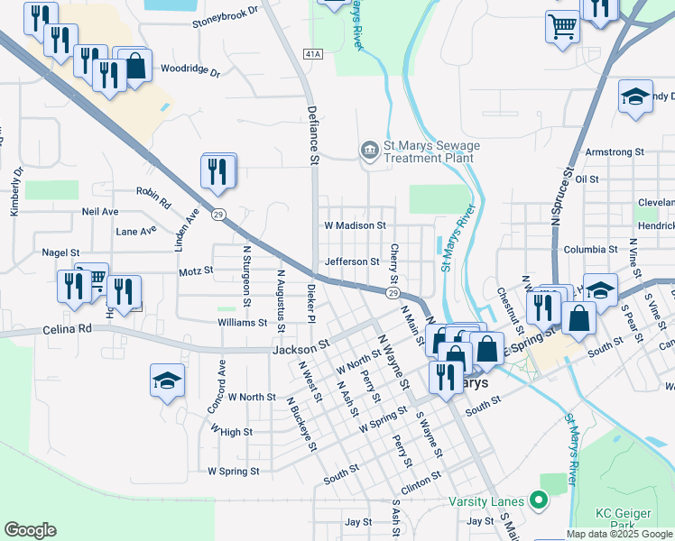 map of restaurants, bars, coffee shops, grocery stores, and more near 115 Lynn Street in Saint Marys