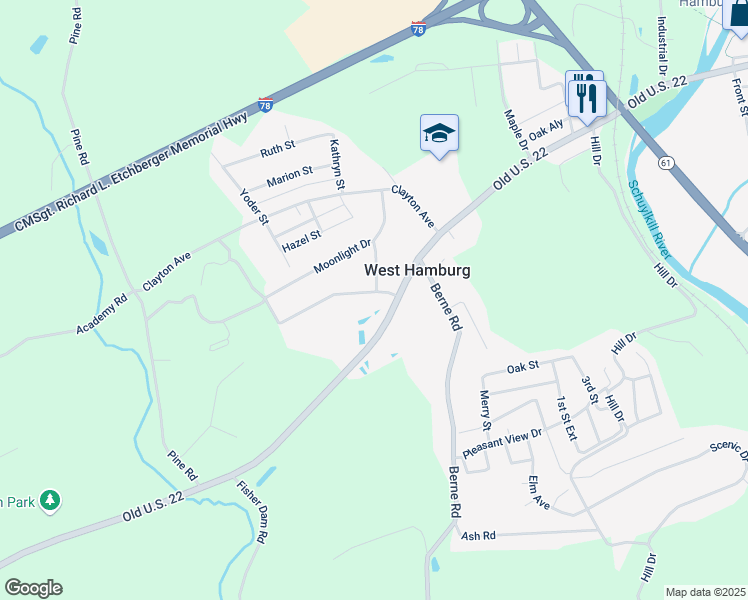 map of restaurants, bars, coffee shops, grocery stores, and more near 25 Rainbow Drive in Hamburg