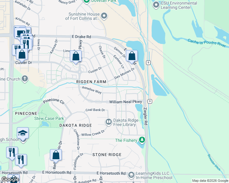 map of restaurants, bars, coffee shops, grocery stores, and more near 3000 Chase Drive in Fort Collins